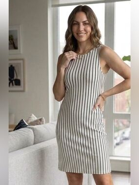 Banana Republic White Midi Dress with Black Vertical Stripes